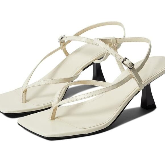MARC FISHER LTD Calinda Square Toe Kitten Heel Thong Sandal Beige 6.5 NWOT - Picture 1 of 13